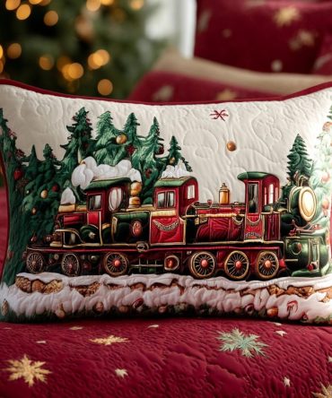 Festive Train Adventure Quilted Pillow Cover — Playful Holiday Train Throw Pillowcase, Quilted Decorative Accent For Kids & Family Rooms