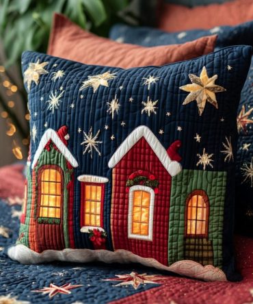 Yuletide Village Dreams Quilted Throw Pillow Cover — Scenic Holiday Cushion Case For Cozy Christmas Living Room & Seasonal Styling