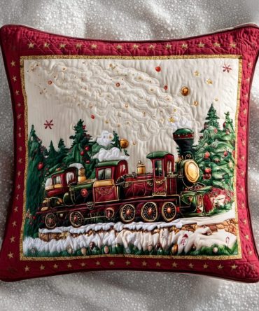 Festive Train Adventure Quilted Throw Pillow Cover — Charming Holiday Train Cushion Case For Family Rooms, Kids' Spaces & Seasonal Decor