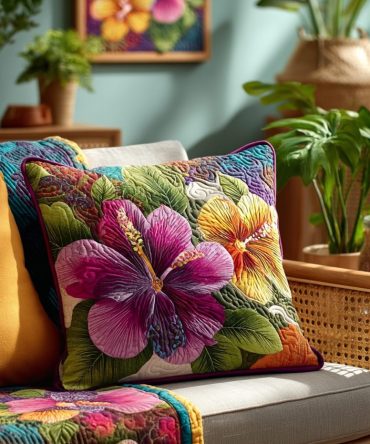 Tropical Bloom Quilted Throw Pillow Cover - Vibrant Floral Decorative Case For Patio, Sofa & Beach House Decor