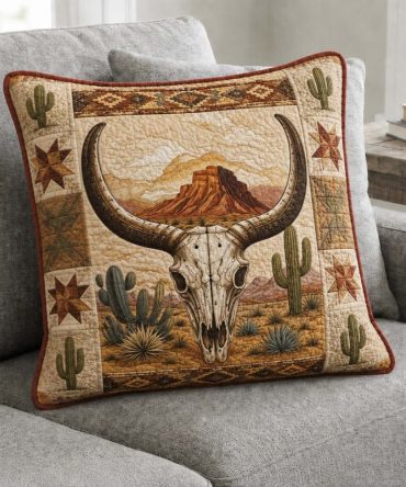Desert Skull Southwestern Quilted Pillow Cover — Texas Skull & Desert Motif Throw For Rustic, Cowboy & Southwestern Home Decor, Easy-Care