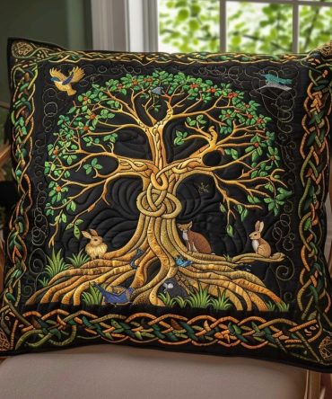 Boho Tree Of Life Quilted Throw Pillow Cover — Artisan Decorative Sham, Soft Cotton Blend, Reversible, Machine-Washable