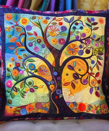 Colorburst Tree Of Life Quilted Pillow Cover - Bright Boho Throw Pillowcase, Textured Decorative Cushion For Sofa & Bed