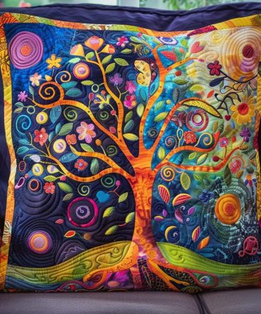 Moonlight Tree Of Life Quilted Pillow Cover - Serene Boho Throw Pillowcase, Soft Decorative Cushion For Bedroom & Living Room
