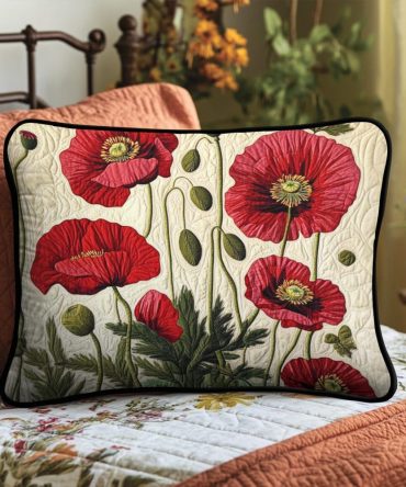 Radiant Red Poppies Quilted Pillow Sham, Bold Floral Throw Pillow Cover For Living Room & Bedroom, Vibrant Poppy Accent, Soft Quilting