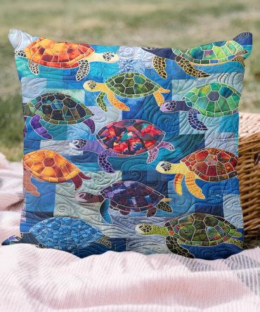 Turtle Tidepool Quilted Pillow Cover — Charming Sea Turtle Pillowcase, Coastal Nursery Or Beach House Accent, Soft & Washable