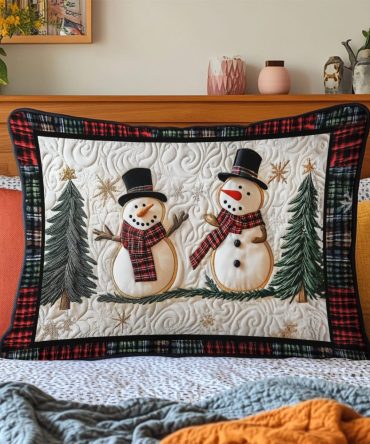 Snowman Lane Festive Quilted Pillow Sham — Holiday Snowman Decorative Pillowcase, Cozy Cotton, Seasonal Accent For Christmas Home Decor