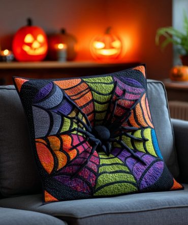 Spooky Witch Web Quilted Throw Pillow Cover — Gothic Halloween Decorative Cushion Case For Haunted Home Accents