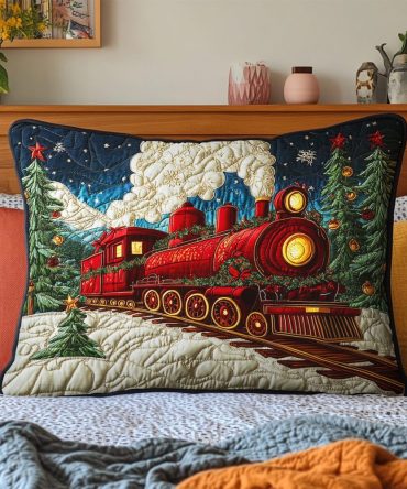 Whimsical Snowbound Train Quilted Pillow Sham, Winter Train Throw Pillow Cover For Holiday Mantels & Kids Rooms, Soft & Washable