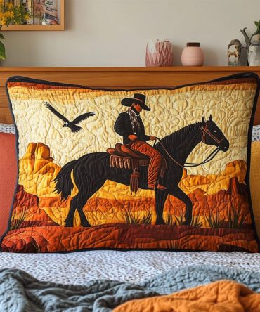 Desert Cowboy Western Quilted Pillow Cover - Rugged Cotton Pillowcase With Desert And Cowboy Motif For Ranch, Lodge And Rustic Decor