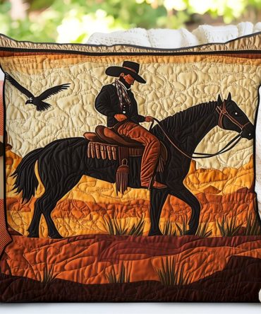 Southwestern Desert Cowboy Quilted Throw Pillow Cover — Rustic Western Decorative Cushion Case For Sofa & Bed, Durable Cotton-Blend
