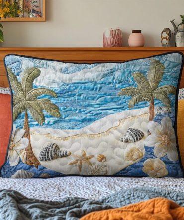Ocean Garden Quilted Pillow Cover — Sea-Inspired Floral Sham, Breathable Cotton-Blend Bed Accent For Coastal, Nautical & Beach Homes