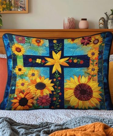 Sunlit Cross Quilted Pillowcase — Radiant Cross Motif Decorative Cushion Cover, Farmhouse & Rustic Accent, Soft Quilted Cotton-Blend