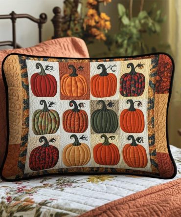 Autumn Pumpkins Quilted Pillowcase Cover — Festive Pumpkin Decorative Pillow Sham, Quilted Harvest Bedding Accent For Cozy Fall Decor