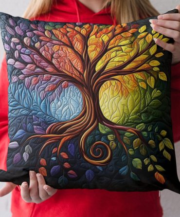 Tree Of Harmony Quilted Cushion Cover — Balanced Botanical Design, Plush Quilting, Cotton-Blend Accent For Living Room & Bedroom