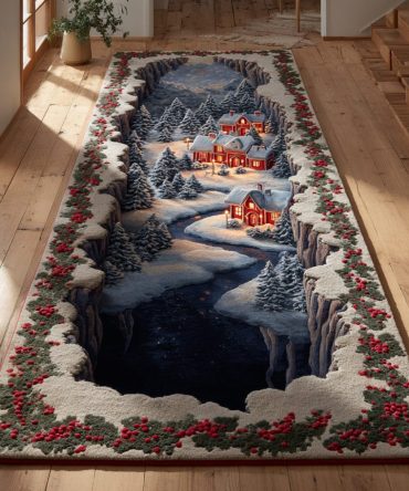 Alpine Christmas Village Runner Rug - Cozy Alpine Holiday Scene For Hallway & Lodge Decor , Plush Texture, Non-Slip, Easy Maintenance
