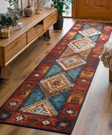 Amber Route Runner Rug - Warm Earth-Tone Hallway Runner, Geometric Vintage-Inspired Non-Slip Rug For Entry, Kitchen & Stairs, Fade-Resistant