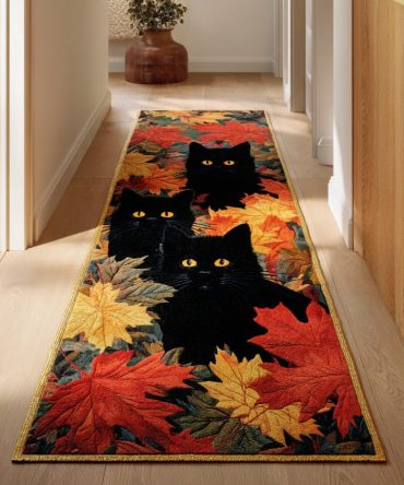 Autumn Cat Foliage Runner Rug – Warm Fall Hallway Runner With Leaf & Cat Design, Durable Non-Slip Mat For Entryway & Kitchen