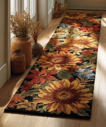 Autumn Sunflower Bloom Runner Rug — Warm Rustic Floral Hallway Carpet, Low-Pile Accent Rug For Cozy Home Interiors