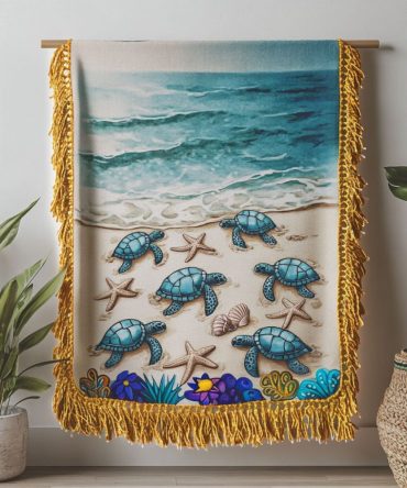 Beach Turtle Hatchlings Woven Throw - Adorable Hatchling Turtle Sofa Blanket, Lightweight Nautical Throw For Living Room & Beach