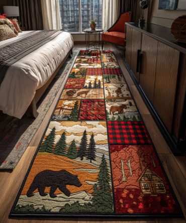 Bear Plaid Hallway Runner Rug — Bear Country Plaid Design, Cozy Cabin Runner With Non-Slip Backing For Entry, Kitchen & Stairs