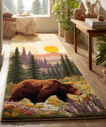 Bear In Forest Runner Rug – Scenic Woodland Trail Runner With Bear Motif, Durable Low-Profile Non-Slip Rug For Entryway & Hallways