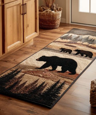Bear Meadow Hallway Runner Rug — Woodland Animal Scene Runner In Neutral Greens & Tans, Durable Low-Pile Entry Accent