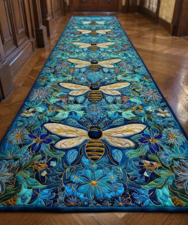 Bee Blossom Chic Hallway Runner Rug — Floral & Bee Motif Accent Runner, Low-Pile, Durable And Slip-Resistant For Kitchen & Entryway