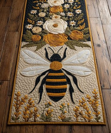 Bee Circle Hallway Runner Rug - Geometric Bee Medallion Runner, Modern Yellow Accent, Low-Pile Durable Fabric, Easy To Clean