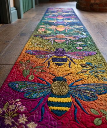 Bee Garden Runner Rug - Cheerful Floral Runner With Bee Motif For Kitchen & Hallway, Stain-Resistant Fibers & Low-Maintenance Care