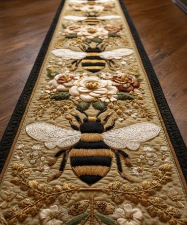 Bee Harmony Hallway Runner Rug — Elegant Floral Runner For Entryways, Non-Slip, Low-Pile, Stain-Resistant & Easy-Care Design