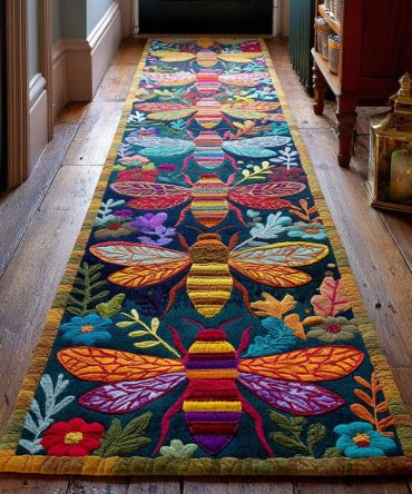 Bee Meadow Decorative Runner Rug — Sunshine Yellow & Floral Bee Motif Hallway Runner, Low-Pile Durable Accent For Entryways