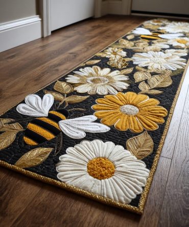 Bee Valley Runner Rug - Pastoral Bee Scene Hallway Runner, Soft Natural Tones, Low-Pile Durable Construction, Machine-Washable Home Accent