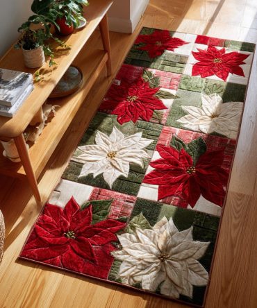 Festive Poinsettia Block Runner Rug — Bold Holiday Hallway Carpet, Red & Green Seasonal Runner, Durable Low-Pile Design