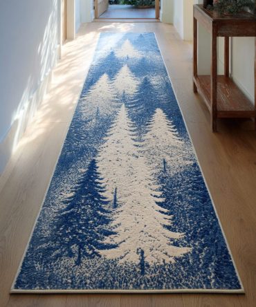 Blue Christmas Tree Runner Rug — Modern Holiday Hallway Carpet With Stylized Blue Tree Pattern, Soft, Fade-Resistant