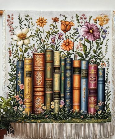 Botanical Book Haven Woven Throw For Couch — Floral & Book Motif Blanket, Garden-Inspired Decorative Accent For Cozy Reading Spaces
