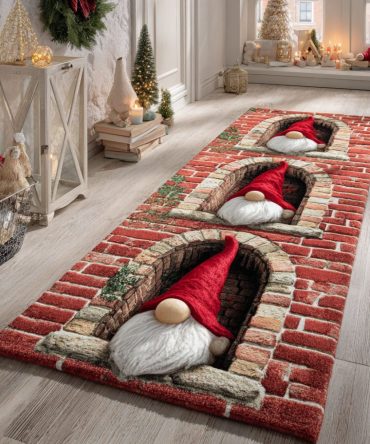 Brick Gnome Pattern Runner Rug - Rustic Christmas Hallway Carpet With Durable Non-Slip Backing, Low-Profile Plush For Entryway & Stairs