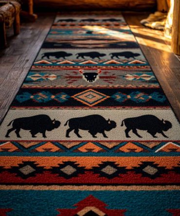 Buffalo Plains Western Runner Rug – Rustic Bison Pattern Hallway Runner, Durable Low-Pile Mat With Non-Slip Backing For Cabin & Entry
