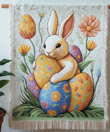 Adorable Bunny Hugging Egg Woven Throw Blanket — Cute Spring Sofa Throw, Soft Jacquard Kids Easter Decor & Gift, Easy Care