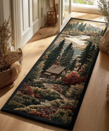 Cozy Cabin Forest Path Runner Rug - Woodland Trail Design Non-Slip Hallway & Stair Runner, Durable Low-Profile