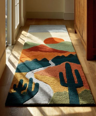 Cactus Desert Path Runner Rug — Neutral Botanical Hallway Carpet, Durable Low-Pile Runner For High-Traffic Areas