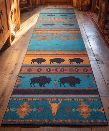 Canyon Bison Southwestern Runner Rug — Rustic Earth-Tone Hallway Runner, Durable Low-Pile, Non-Skid, Pet-Friendly, Easy Clean