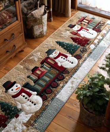 Carrot Nose Cutie Holiday Runner Rug — Adorable Snowman Hallway Carpet With Plush Pile, Non-Skid Backing & Easy-Care Fabric