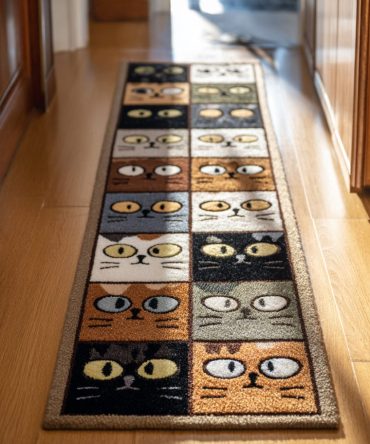 Charming Cat Grid Runner Rug – Retro Grid & Cat Silhouette Hallway Runner, Durable Non-Skid Floor Mat For Entryway, Hall Or Bedside