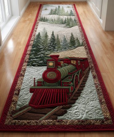 Christmas Star Railway Runner Rug — Festive Star & Train Holiday Hallway Carpet With Durable Low-Pile, Non-Skid Backing & Easy Care