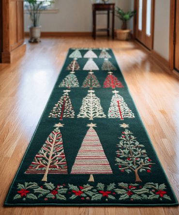 Classic Holiday Tree Runner Rug — Traditional Christmas Hallway Carpet, Low-Pile Durable Runner For Entryway & Staircase Decor