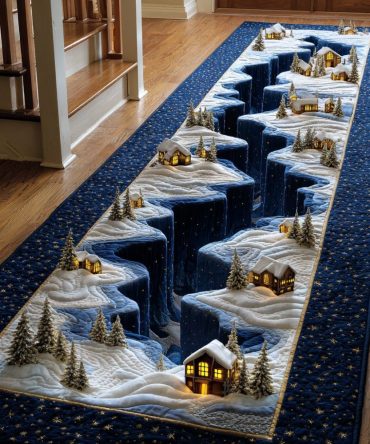 Cold Hearth Winter Runner Rug - Rustic Fireplace & Snow Pattern Hallway Carpet, Durable Non-Slip Runner For Entryways