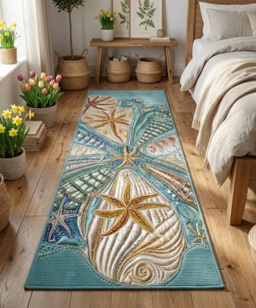 Cozy Cottage Runner Rug — Shell & Conch Motif Entryway Runner, Plush Texture With Low Profile For Stairs, Soft Durable & Easy To Maintain