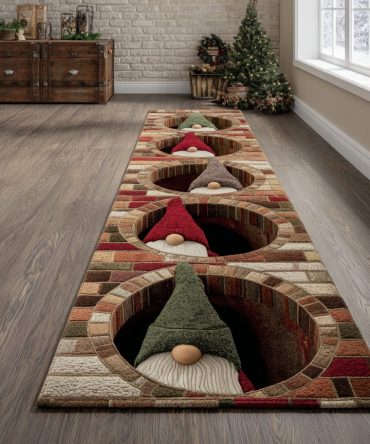 Cozy Cabin Gnomes Runner Rug — Charming Holiday Hallway Runner With Whimsical Gnome Design, Soft Pile & Anti-Skid Backing