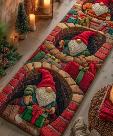 Cozy Gnome Tunnel Runner Rug — Cute Festive Hallway & Entryway Carpet, Soft Low-Profile Design For Christmas Display